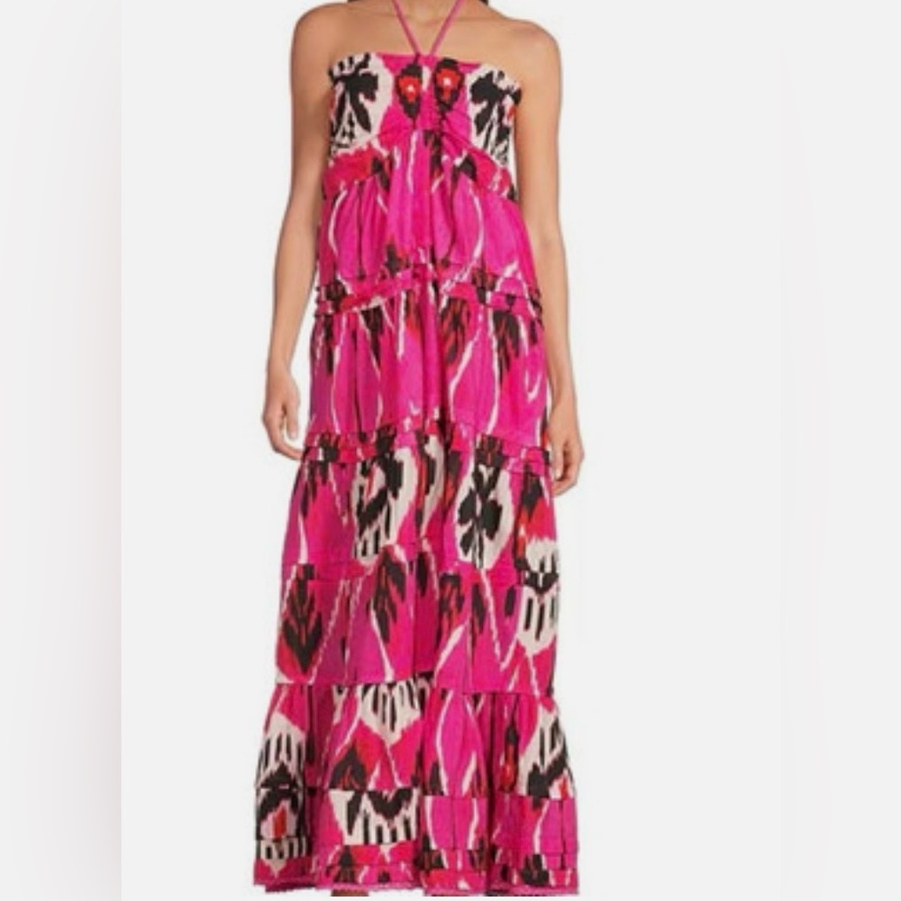 NWT Ro’s Garden Denise halter pink Ikat maxi dress with elastic back Large - Picture 1 of 8